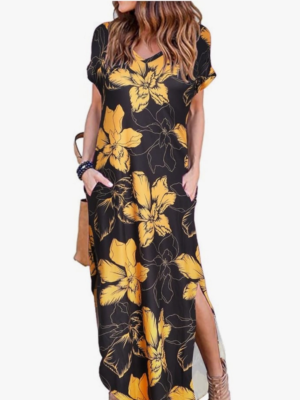 Chic Nation Black & Yellow Floral V‑Neck Maxi Dress